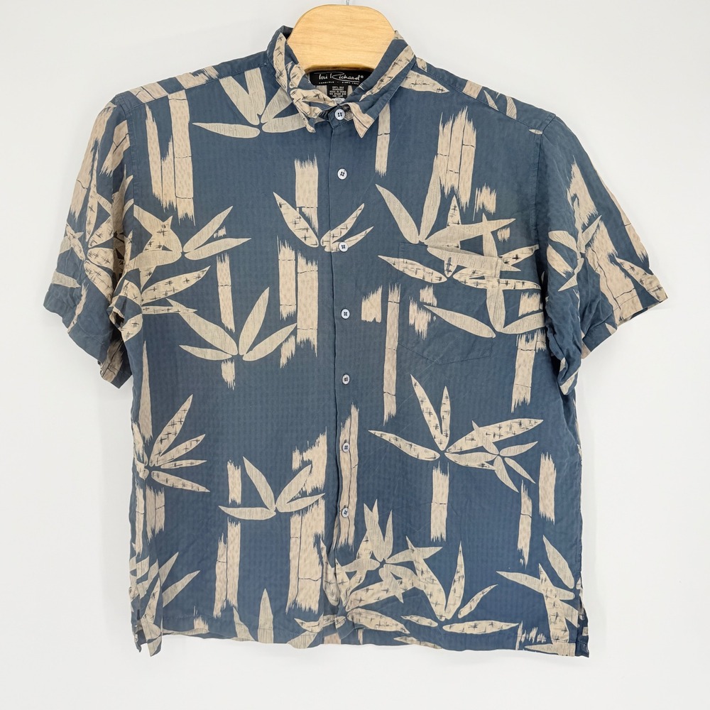 Vintage Tori Richard Button Down Camp Shirt Men XL Silk Blue Tan Tropical Bamboo